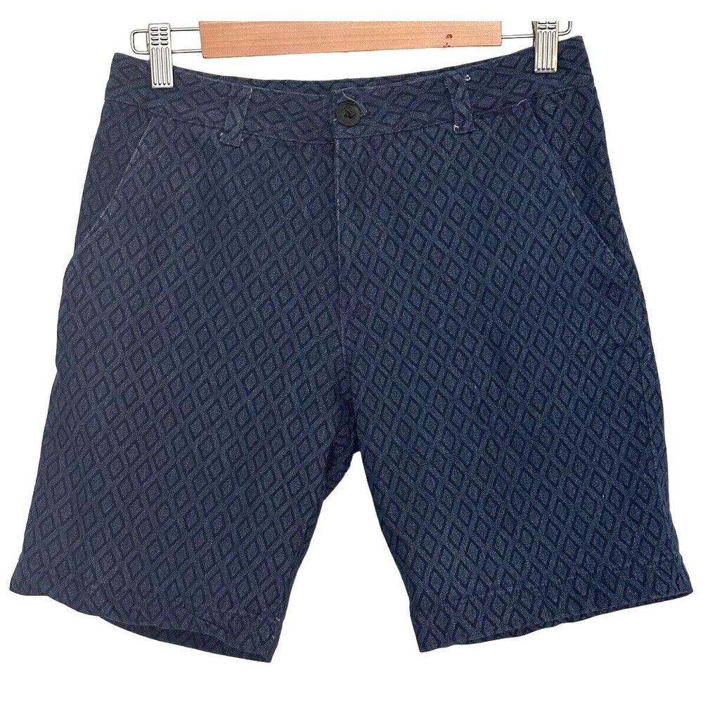 Atlas Tree Womens Diamond Print Denim Jean Shorts Pockets Blue M